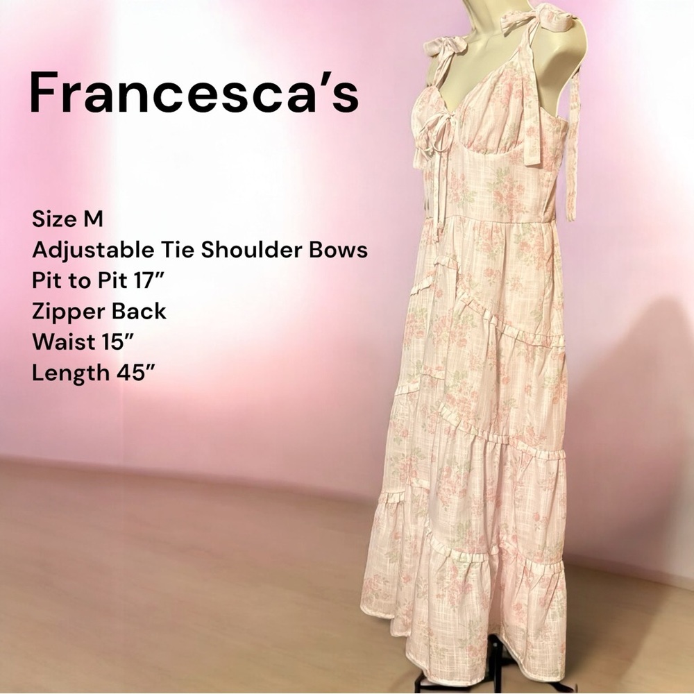 Francesca’s Romantic Pink Floral Tiered Midi Dress Tie Shoulder Bows Size M - Picture 5 of 13